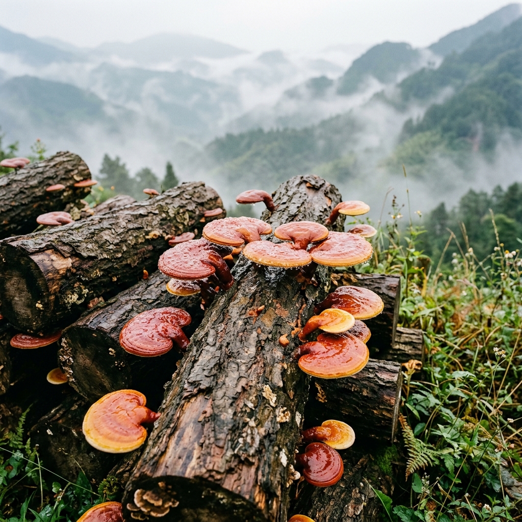 Vibrant Reishi mushrooms growing on oak logs