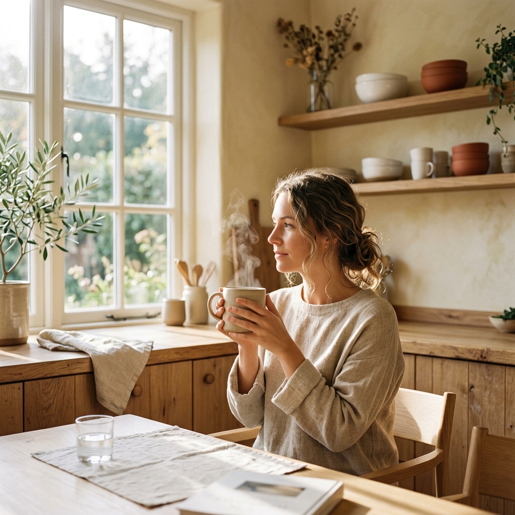 A person in a sunlit kitchen enjoying a warm cup of mushroom resin coffee